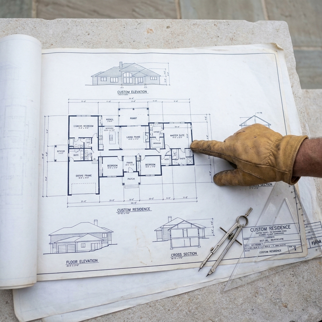 Detailed custom home blueprints laid flat with drafting tools