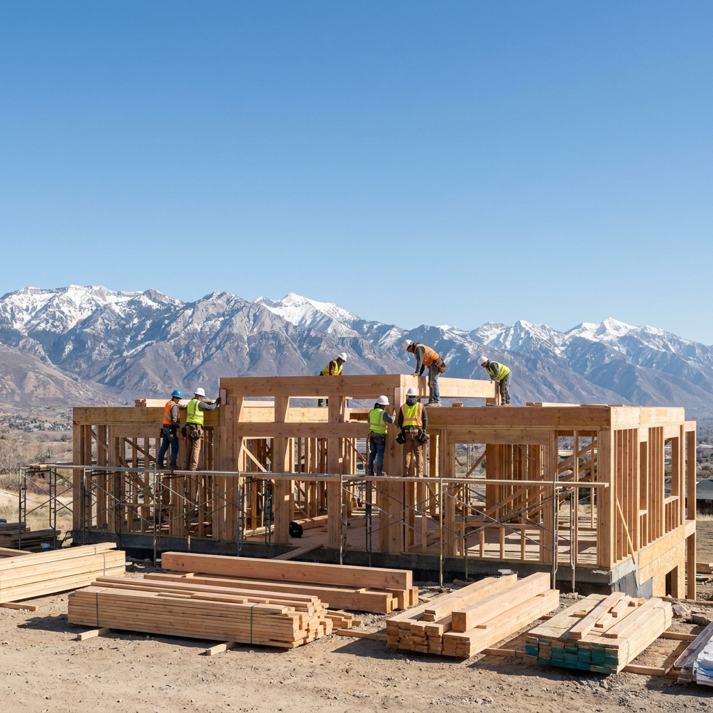 Custom home timber framing under construction with Wasatch mountain backdrop