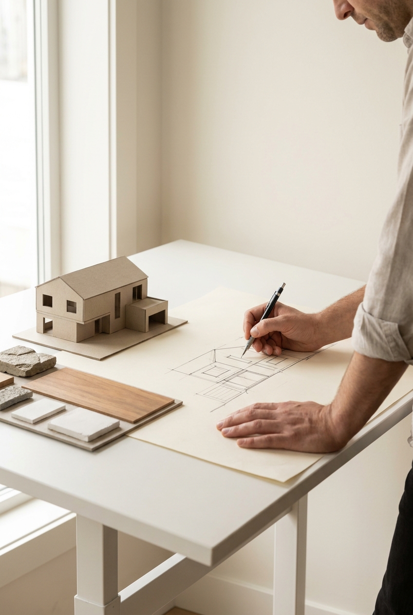 Designer hand-sketching a custom home floor plan at a drafting table